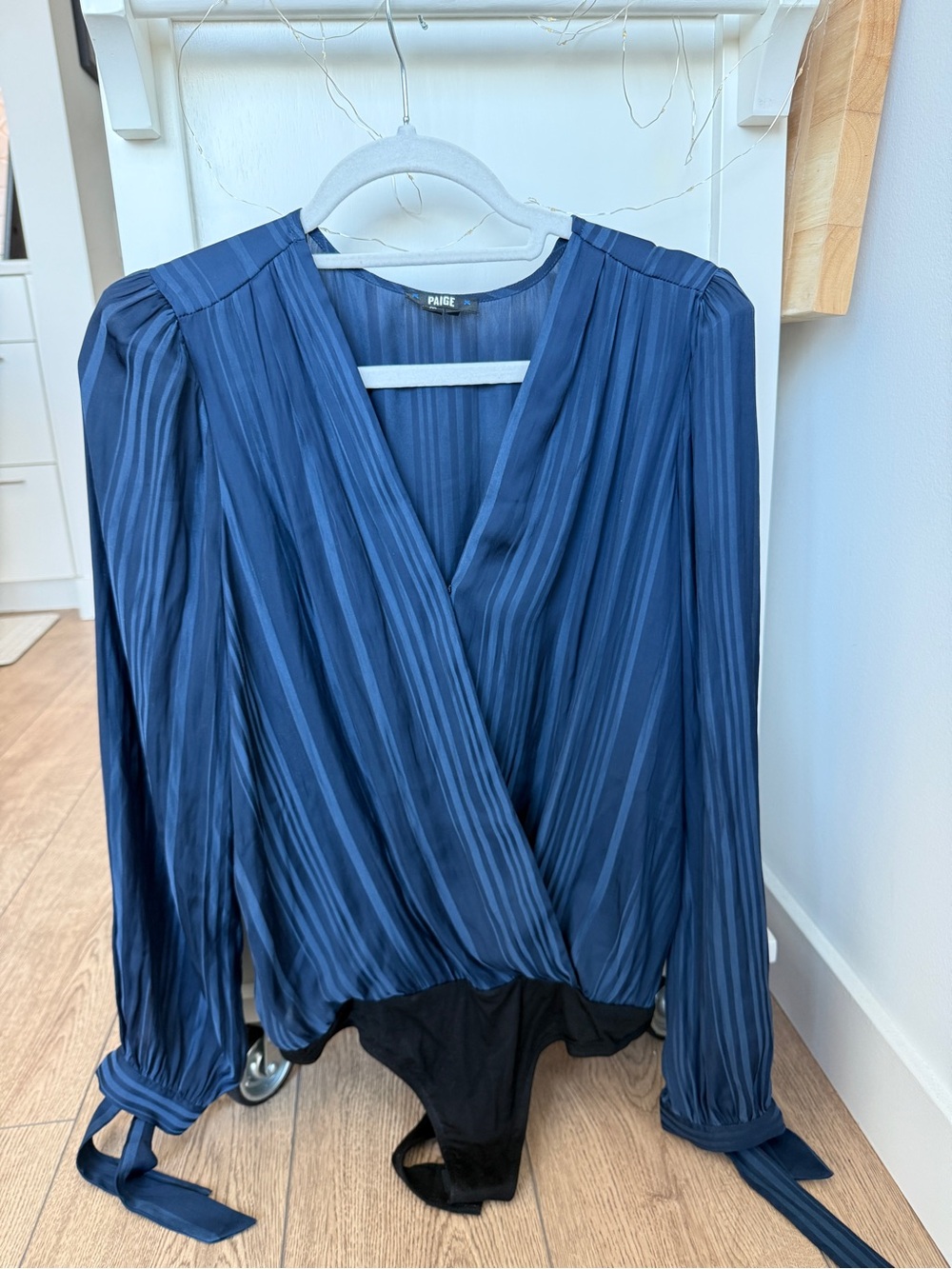 PAIGE Navy Striped Wrap-Front Long-Sleeve Bodysuit